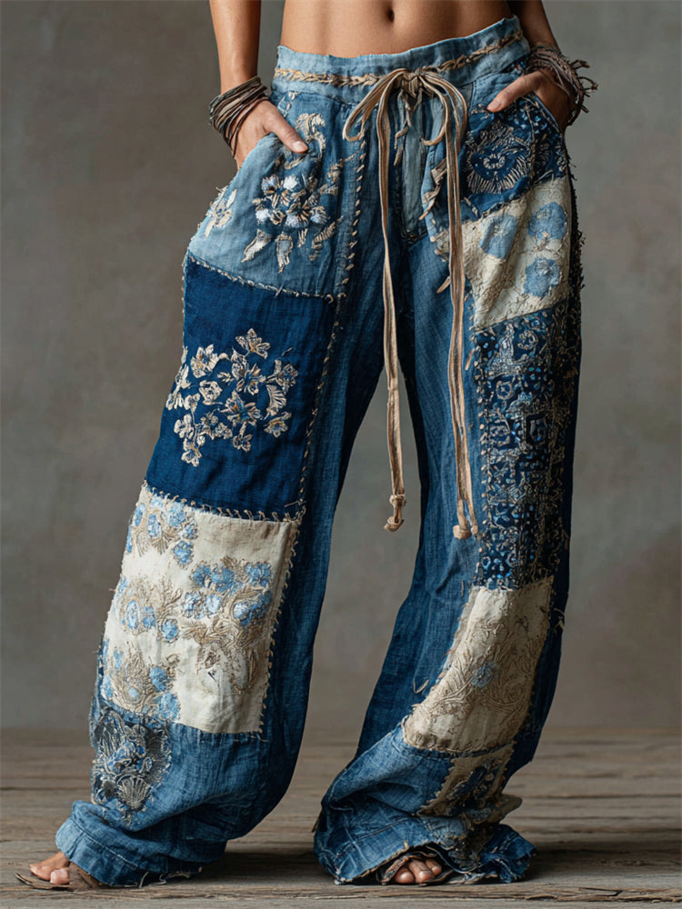 Boho Floral Embroidered Colorblock Flowy Wide Leg Linen Pants elevenforest