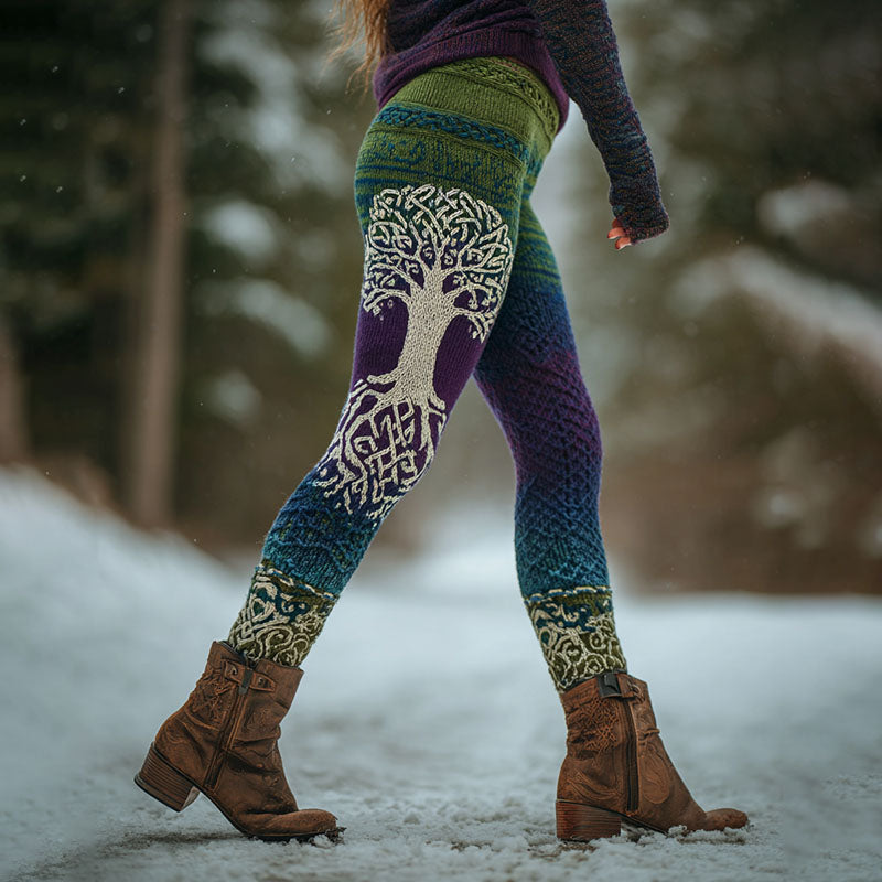 Women's Viking Celtic Knot Tree Of Life Art Knit Leggings elevenforest