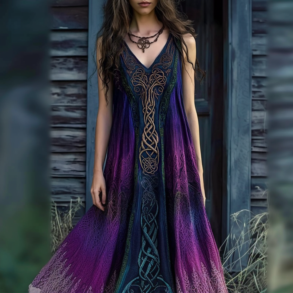 Vintage Viking Celtic Knot Gradient V-neck Midi Dress elevenforest
