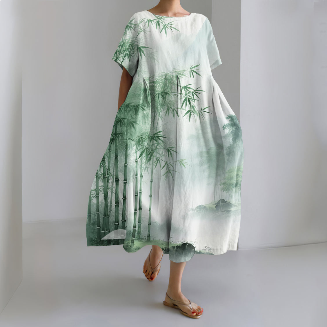 Comstylish Women's Japanese Art Bamboo Painting Print Midi Dress