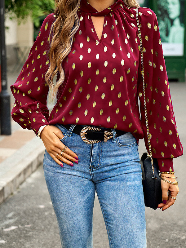 Long Sleeves Loose Bronzing Hollow Mock Neck Blouses&shirts Tops