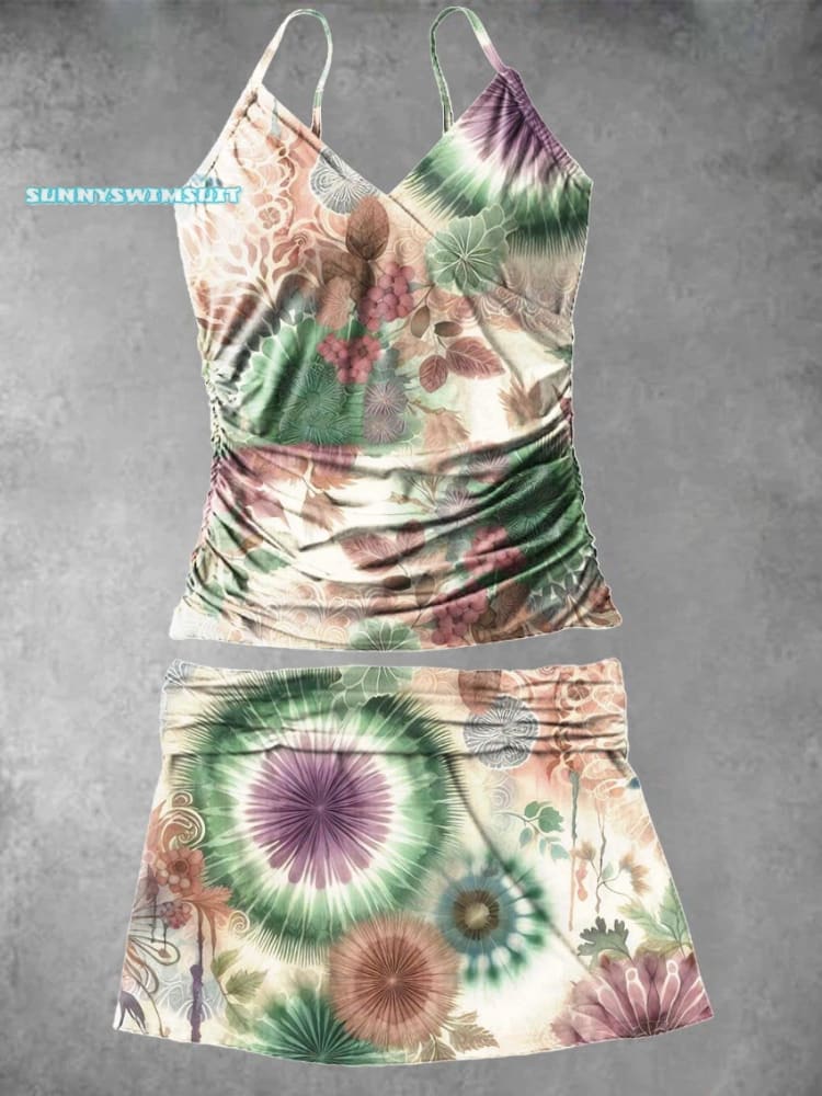V-Neck Vintage Flower Pattern Art Print Suspender Skirt Tankini Pantskirt Set Swimsuit