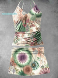 V-Neck Vintage Flower Pattern Art Print Suspender Skirt Tankini Pantskirt Set Swimsuit