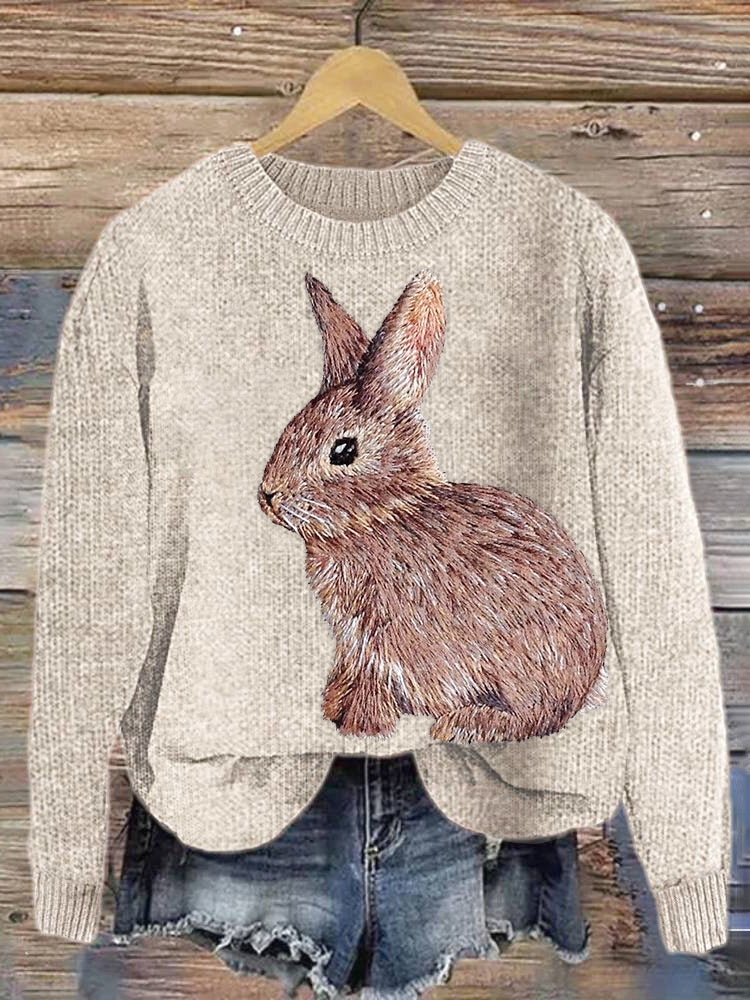 Embroidered Bunny Casual Cozy knit Sweater artswardrobe