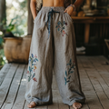 Bohemian Floral Art Printed Cotton Linen Wide Leg Pants elevenforest