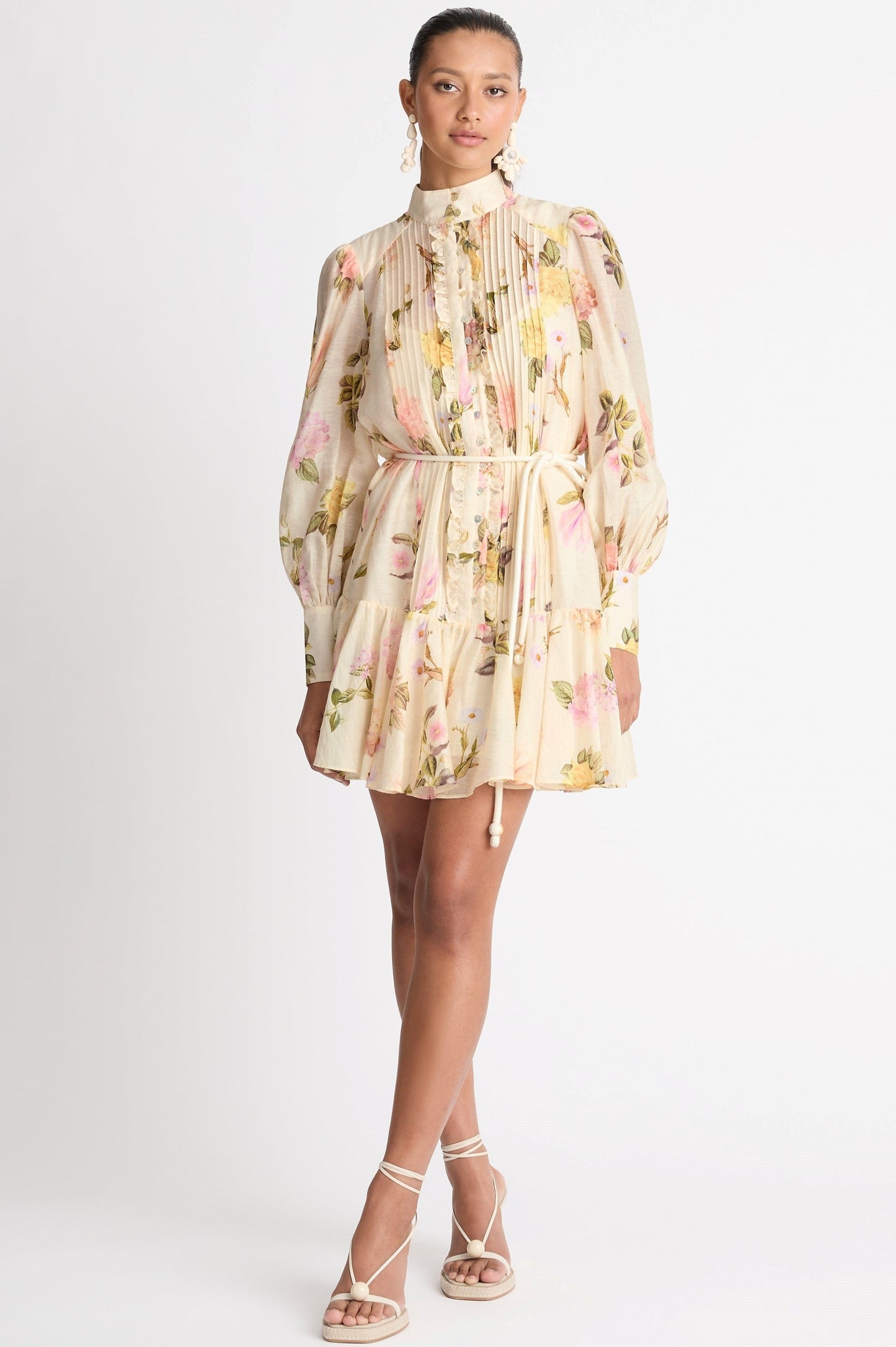 Puff Long Sleeve Buttoned Lace Up Ruffle Hem Mini Dress
