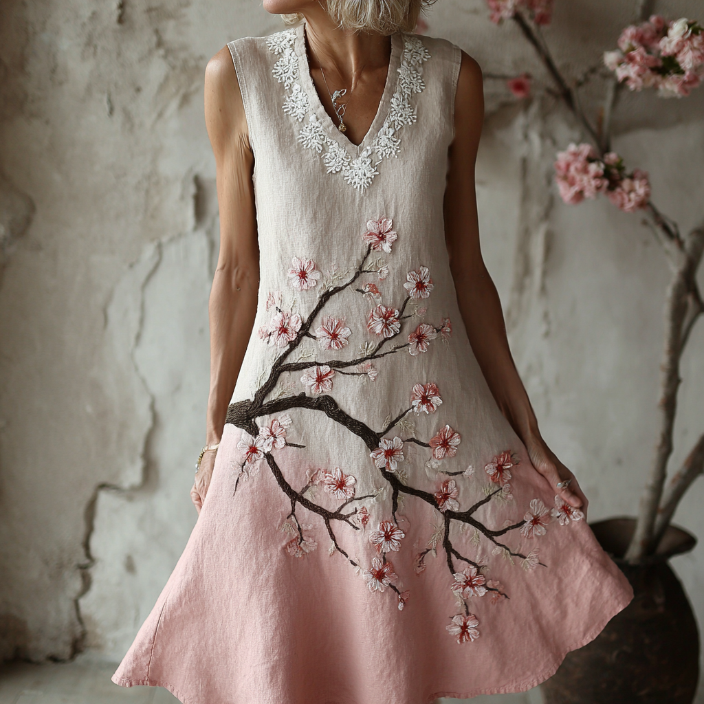 Women's Japanese Sakura Embroidered Art Print V Neck Sleeveless Mini Dress elevenforest