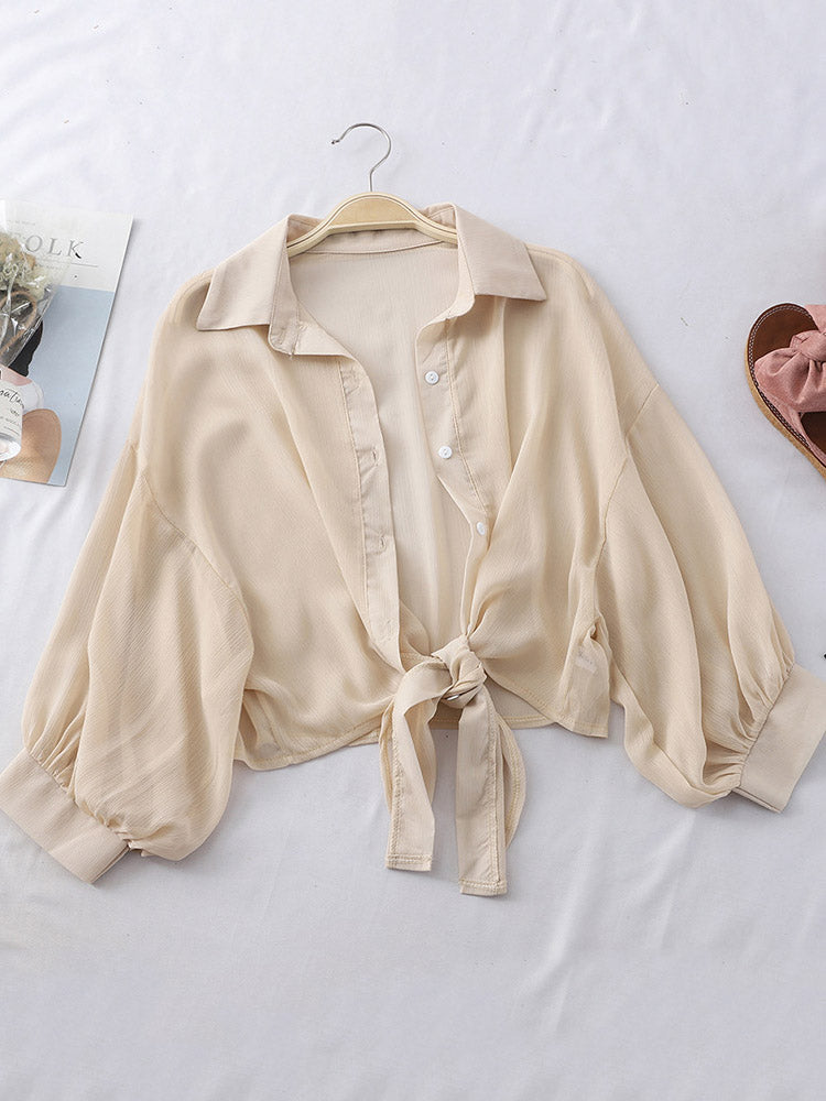 Chiffon Shirts Summer Half Sleeve Buttoned Up Shirt Loose Blouse Tied Waist Blouses for