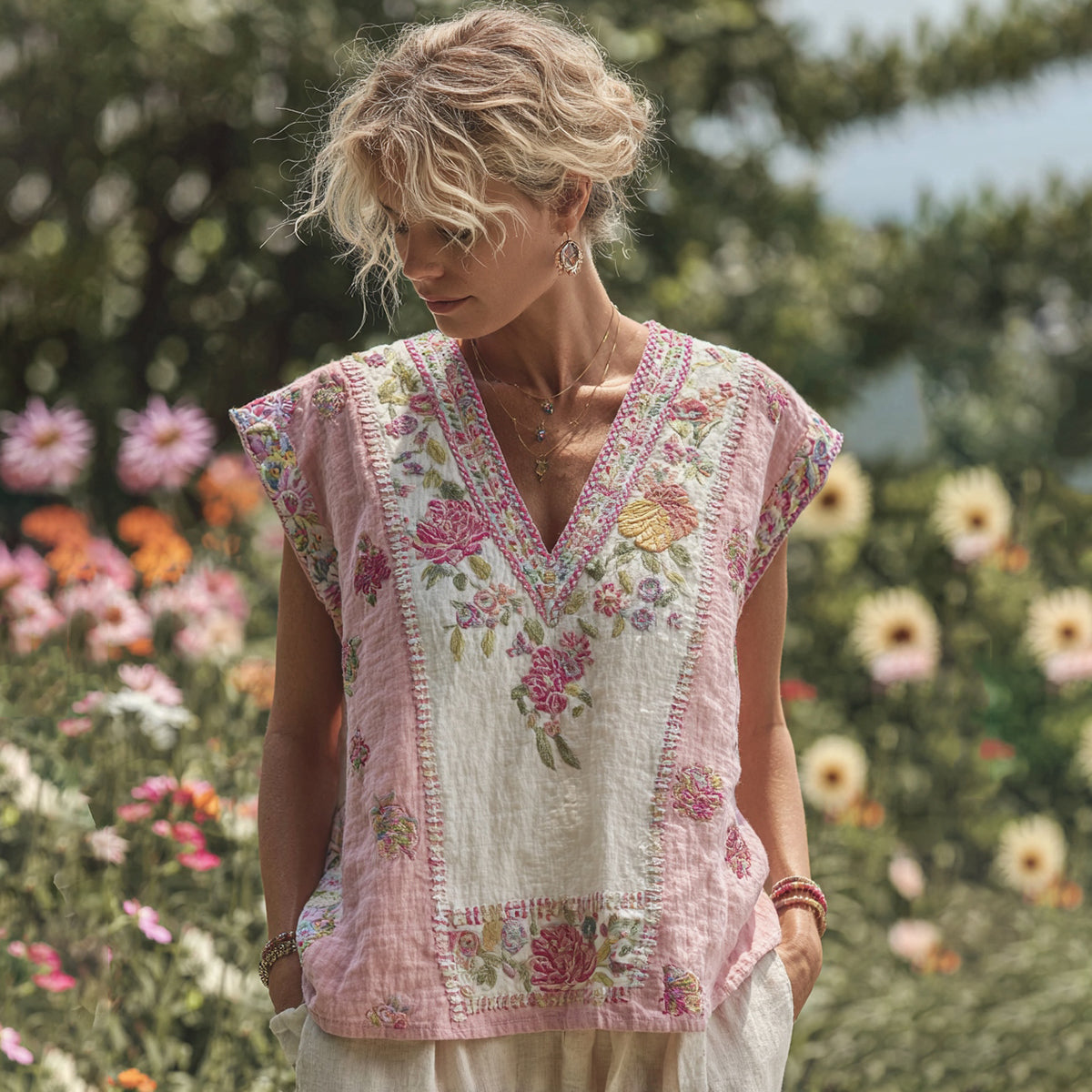 Women's Bohemian Contrast Floral V-neck Tank Top elevenforest