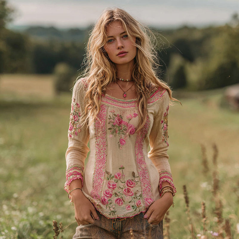Women's Vintage Pink Rose And Striped Casual Linen Shirt elevenforest