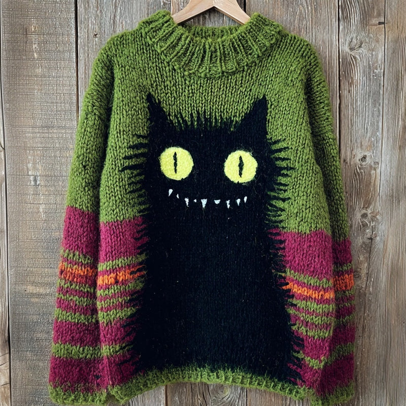 Comstylish Vintage Halloween Black Cat Art Crew Neck Cozy Knit Sweater