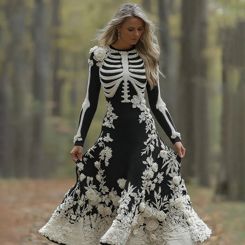 Women's Retro Halloween Skeleton Bones With Rose Art Cozy Knitted Warm Long Sleeve Maxi Dress elevenforest