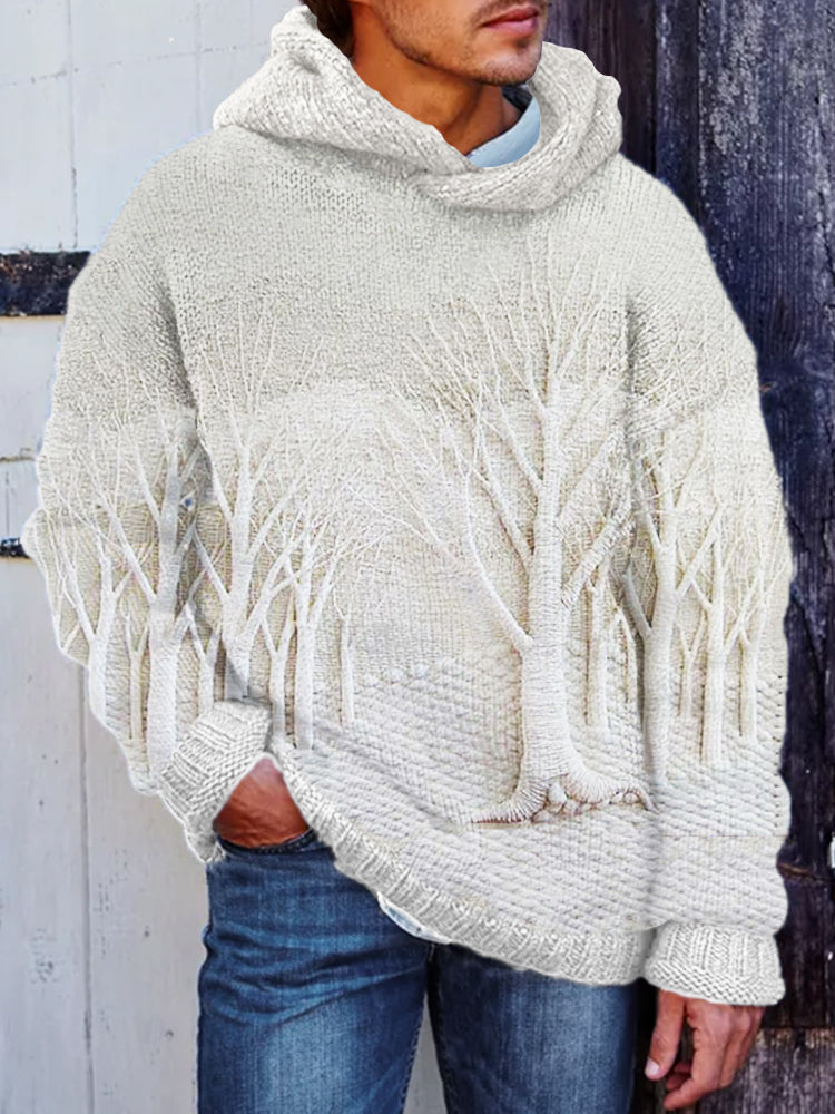 Men's Winter Forest Landscape Crochet Cozy Hooded Sweater elevenforest