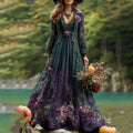 Vintage Purple Floral Pattern Linen V Neck Long Sleeve Maxi Dress elevenforest