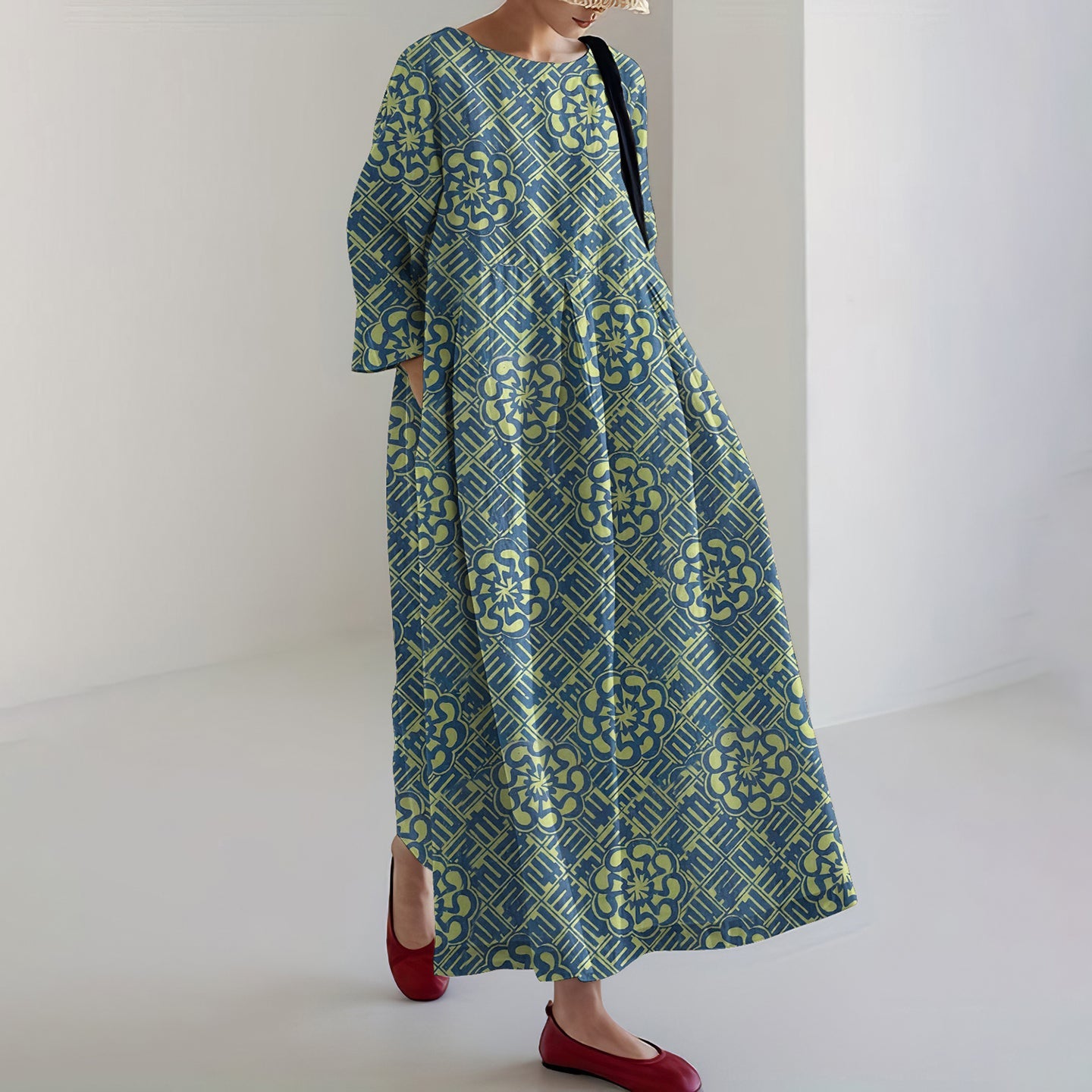 Women's Vintage Japanese Geometric Floral Art Print Midi Dress elevenforest