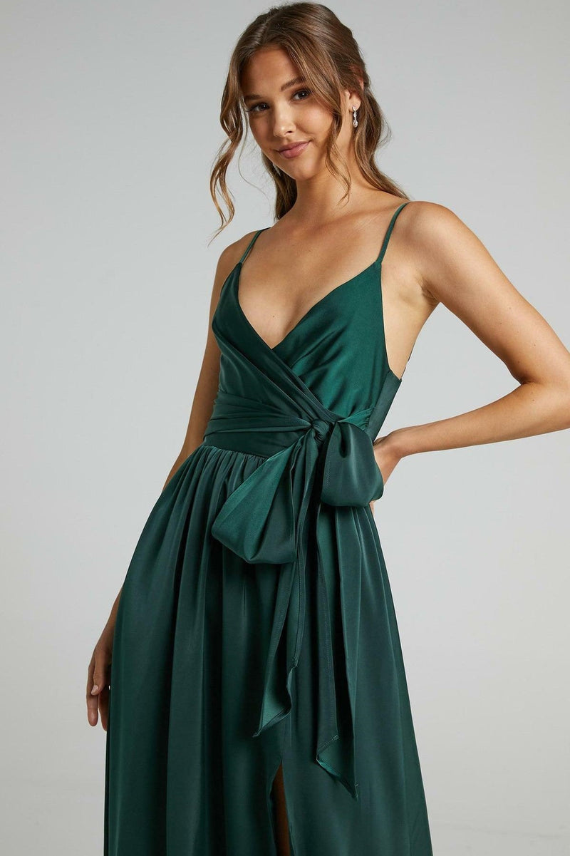 Cami V-neck Wrapover Pleated Lace Up Slit Maxi Dress Green