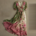 Vintage Pink Rose Embroidered Gradient Art Linen Maxi Dress elevenforest
