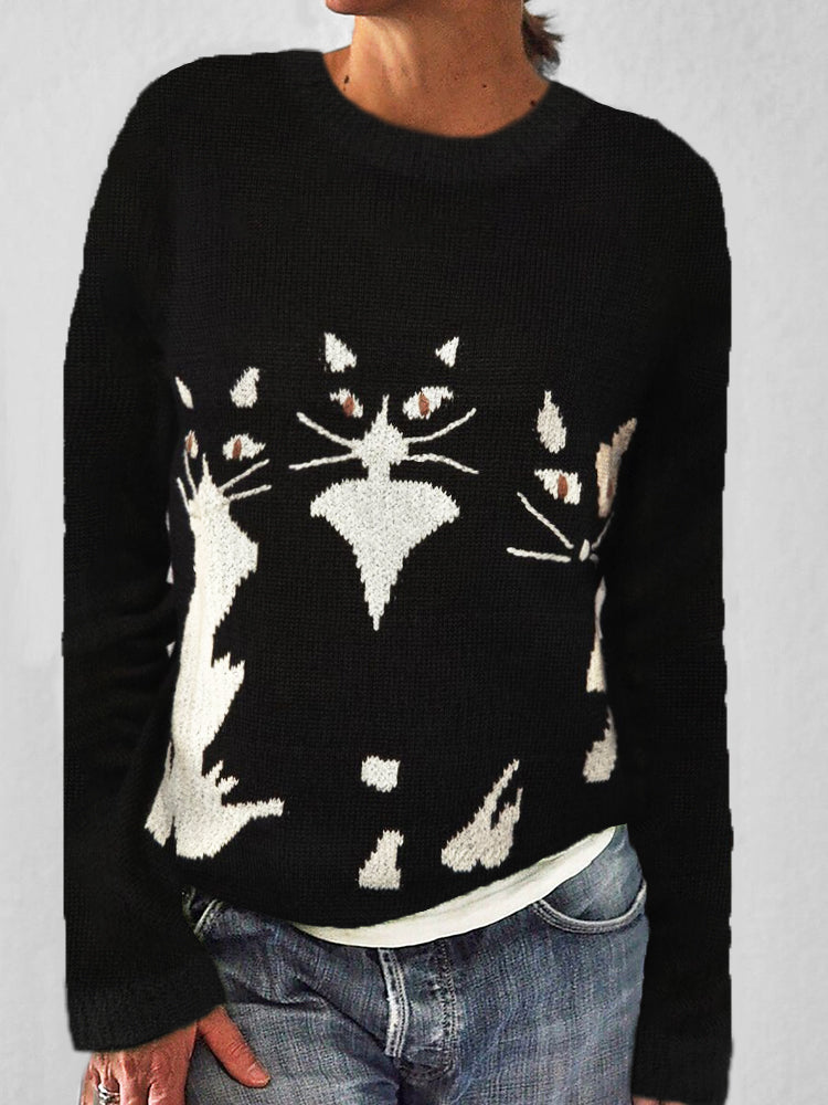 Black Cats Knit Crew Neck Cozy Sweater elevenforest