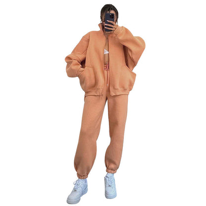 Autumn Winter Color Stand Collar Cardigan Long Sleeve Sweaters Clothing Trousers Suit