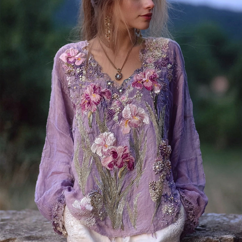 Vintage Glitter Irish Embroidered V Neck Linen Tunic elevenforest