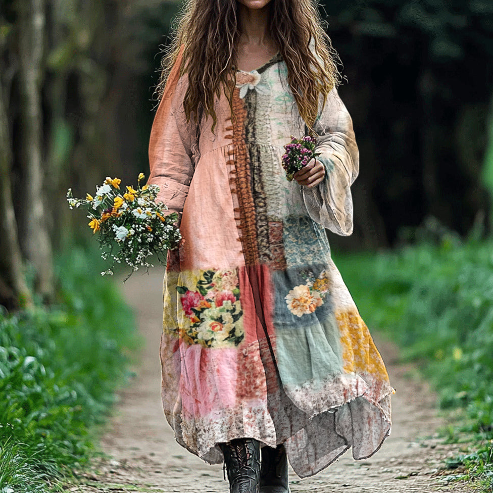 Women's Bohemian Floral Art Cotton And Linen Dress elevenforest