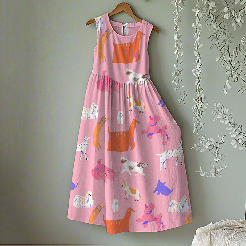 Vintage Cute Dog Art Linen Tank Midi Dress elevenforest