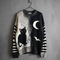 Comstylish Halloween Black Cat & Bat Contrast Striped Sleeve Knitted Sweater
