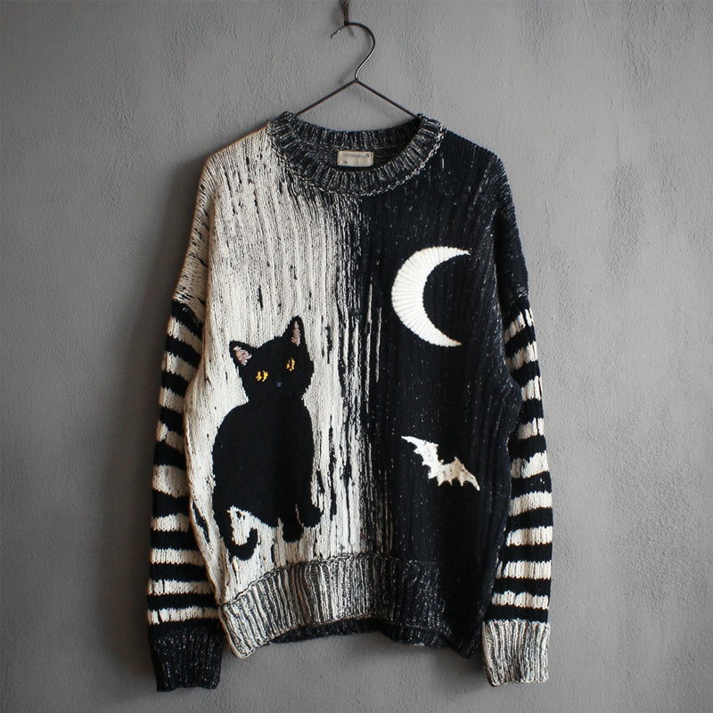 Comstylish Halloween Black Cat & Bat Contrast Striped Sleeve Knitted Sweater