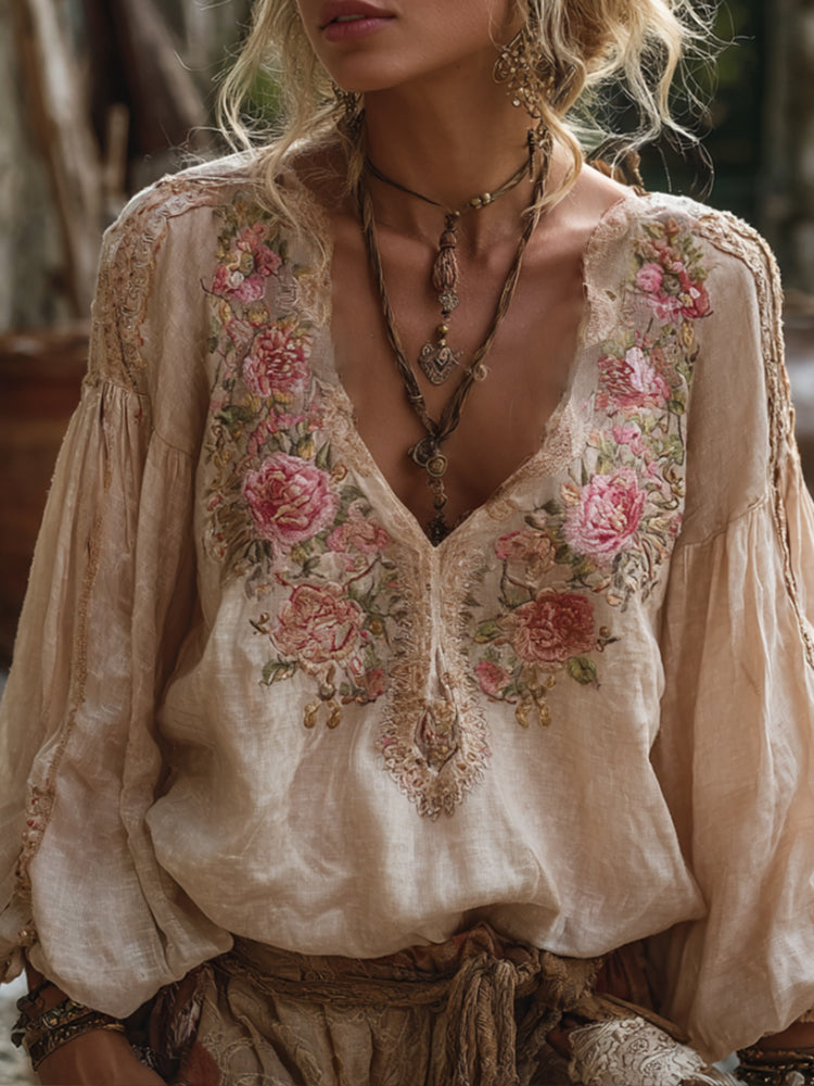 Ladies' Embroidered Pink Rose Long Sleeved V-neck Retro Top elevenforest