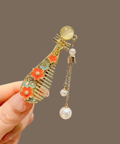Gold Metal Pearl Tassel Lute Hairpin