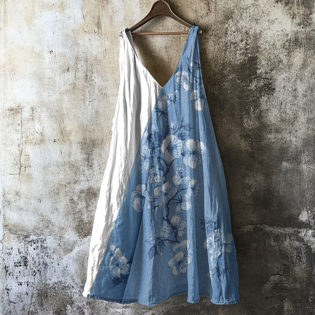 Vintage Cherry Blossoms Contrasting Colors Art Linen Blend Tank Dress elevenforest