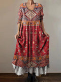 Women's Vintage Ethnic Art Patterns Print Button Pocket Cotton Dress