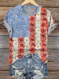 Comstylish Retro Patriotic Flower Myosotis & Poppy Print T-shirt