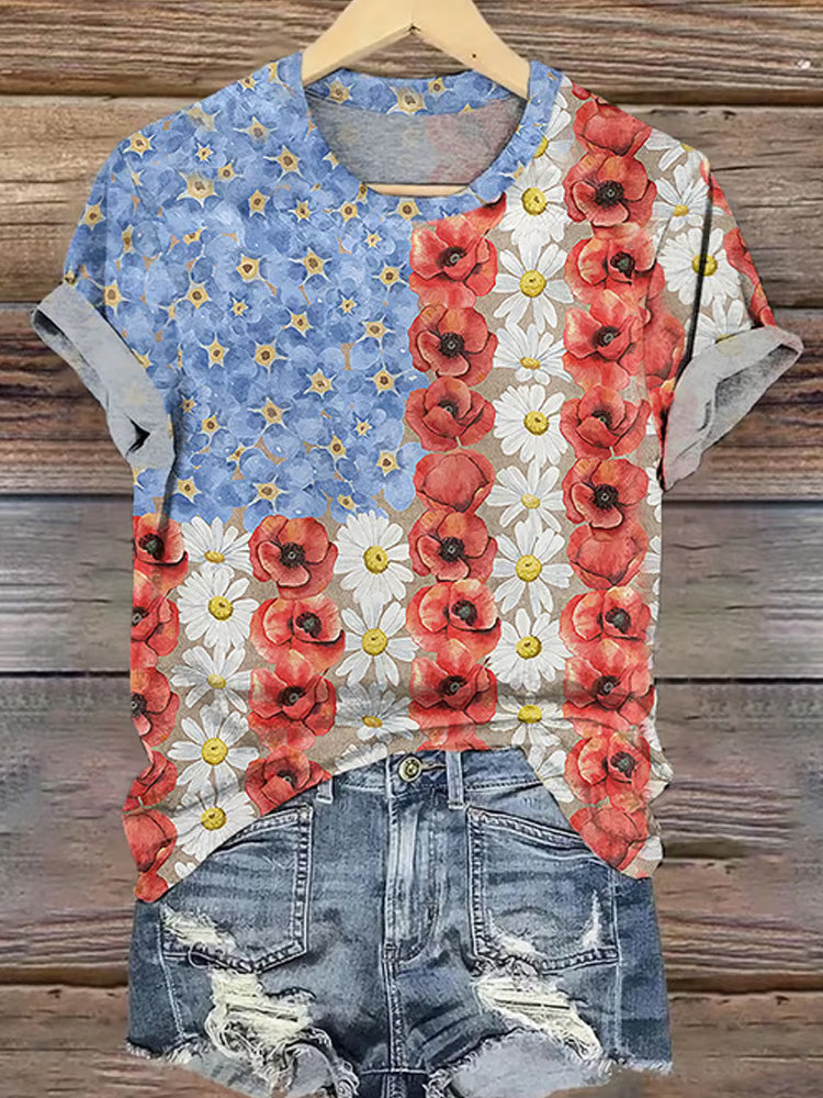 Comstylish Retro Patriotic Flower Myosotis & Poppy Print T-shirt