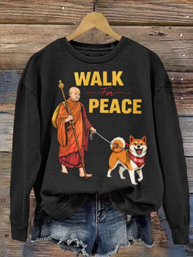 Comstylish Retro Walk For Peace Monks With Aloka Dog Print Crew Neck Sweatshirt