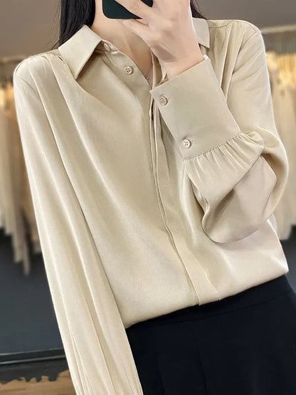 Long Sleeves Loose Buttoned Pleated Color Lapel Blouses&shirts Tops
