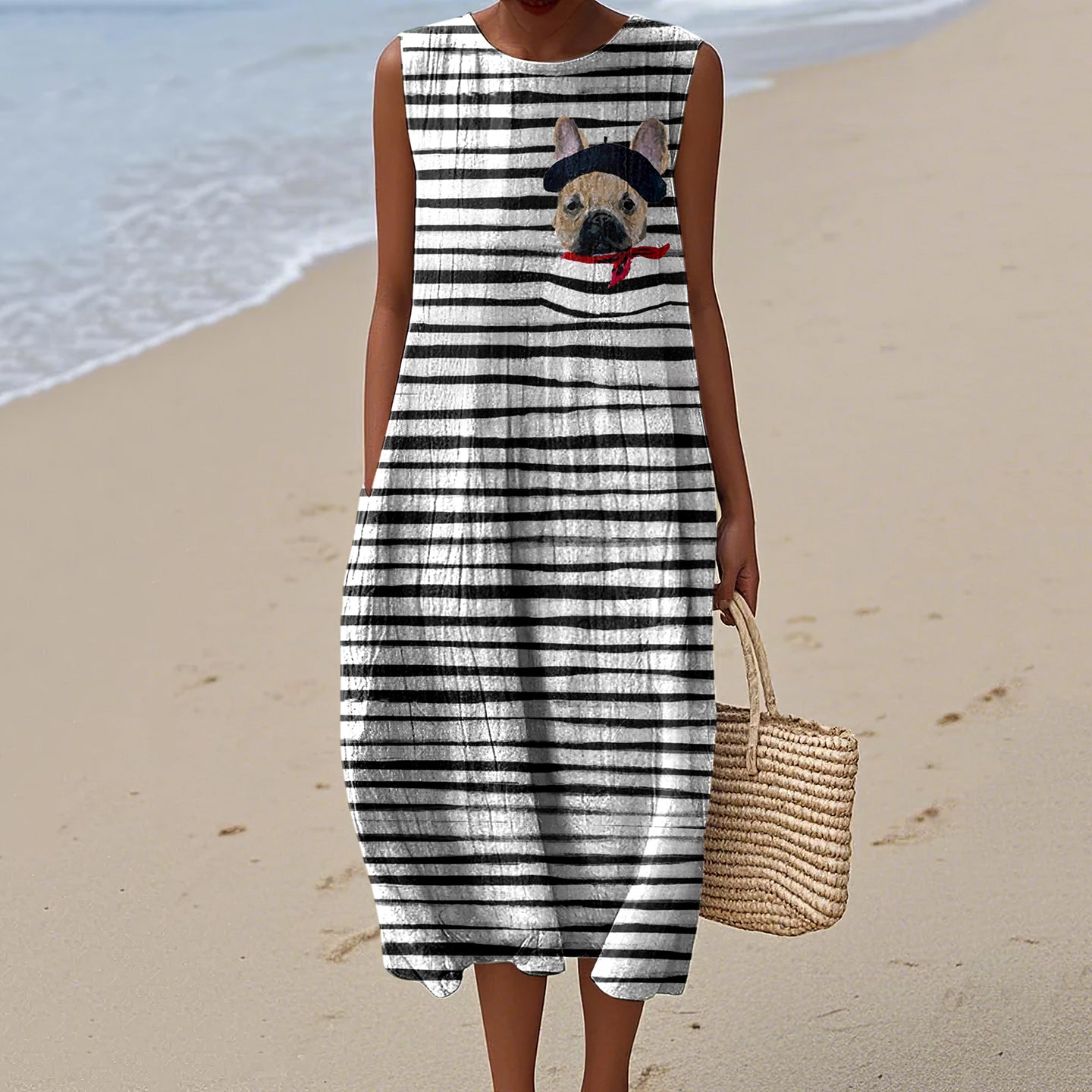 Women's Creative Little Painter French Bulldog Stripe Pattern Art Tank Dress elevenforest