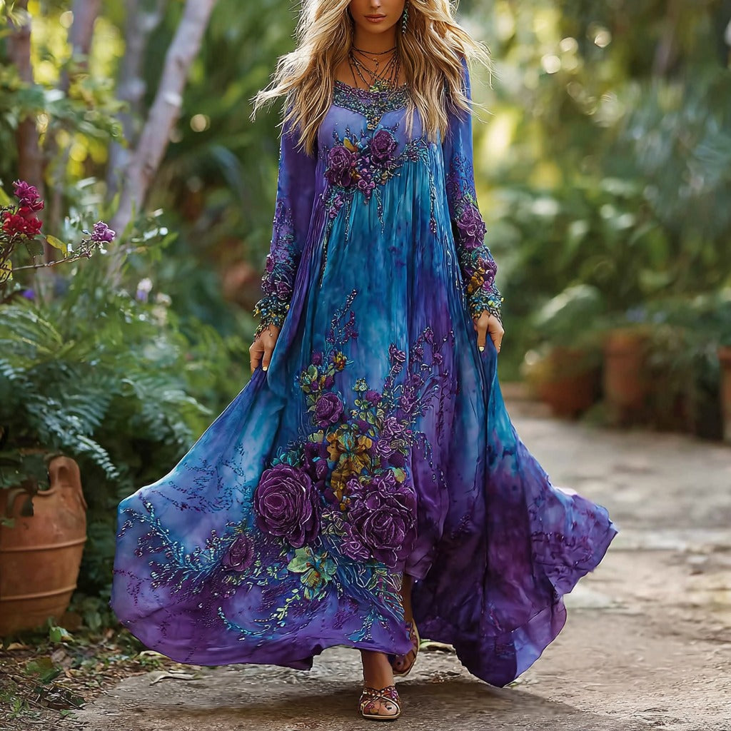 Women's Vintage Floral Gradient Pattern Round Neck Maxi Dress elevenforest