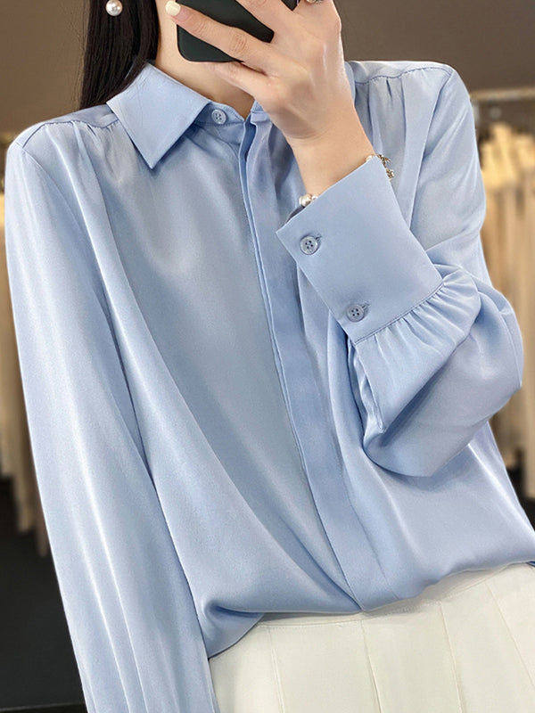 Long Sleeves Loose Buttoned Pleated Color Lapel Blouses&shirts Tops