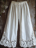 Vintage Boho Floral Lace Hem Wide Leg Linen Pants elevenforest