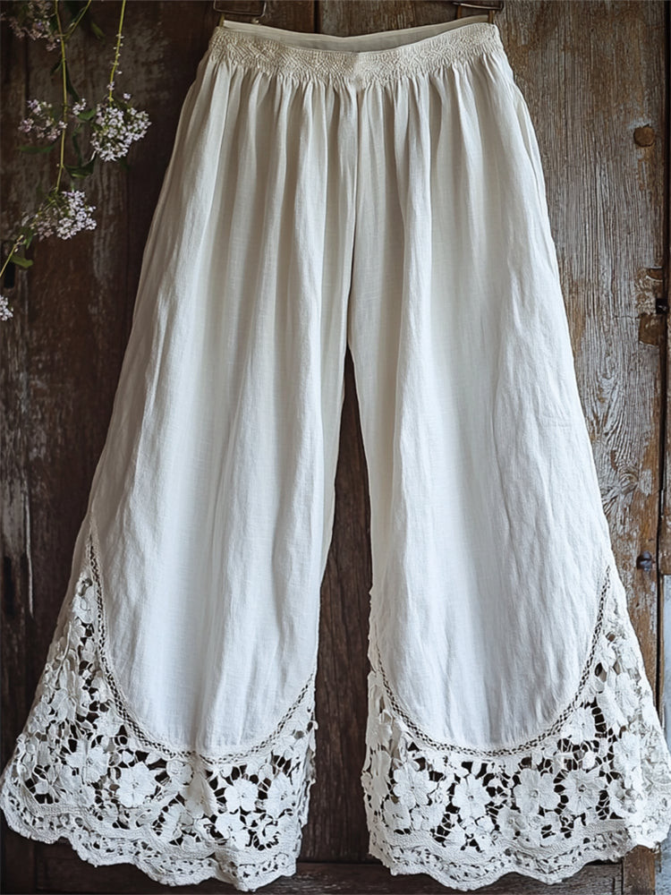 Vintage Boho Floral Lace Hem Wide Leg Linen Pants elevenforest