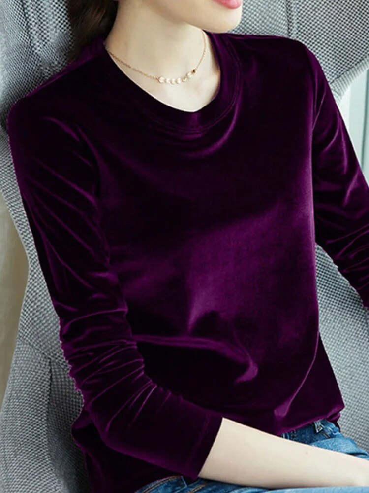 Spring Long Sleeve Loose Early Autumn T-shirt Gold Velvet Short Paragraph Bottoming Shirt New Top