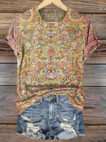 Vintage Ethnic Floral Art Print Casaul Short Sleeve T-shirt