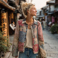 Women's Vintage Japanese Floral Wave Patchwork Linen Button-up Shirt elevenforest