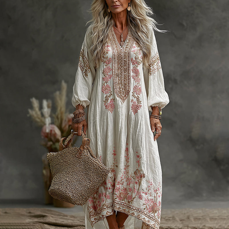 Women's Vintage Floral Art Flowy Linen Blend Casual V Neck Long Sleeve Maxi Dress elevenforest