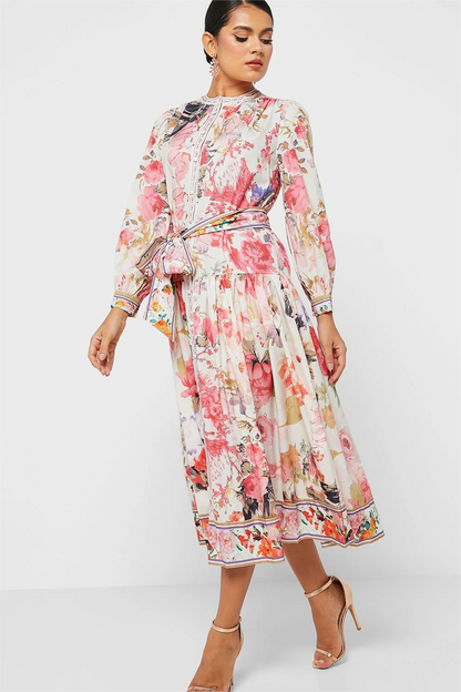 Long Sleeve Crew Collar Buttoned Lace Up Midi Dress