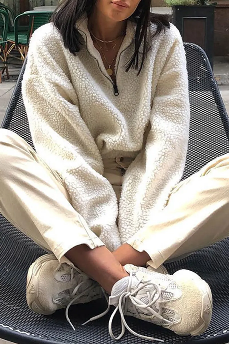 Zipper Fluffy Turndown Collar Hoodies