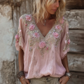 Vintage Boho Pink Roses Lace Flowy Linen Tunic elevenforest
