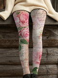 Women's Retro Pink Awareness Flowers Print Leggings elevenforest