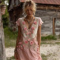 Vintage Pink Boho Roses Art Flowy Linen Maxi Dress elevenforest